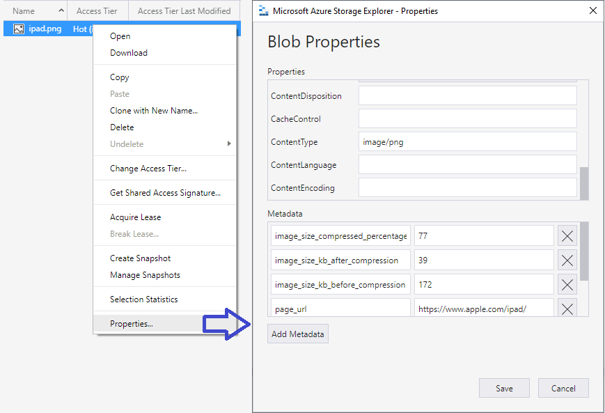 Screenshot Metadata in Azure