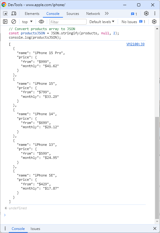 Screenshot of Product Prices