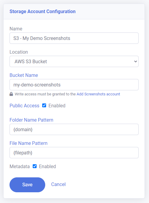 Example of Storage Account Configuration